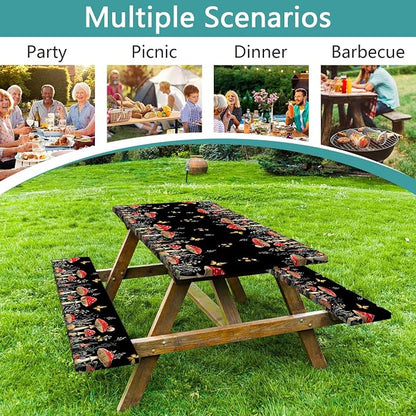 Mushroom Picnic Table Cover with Bench Covers, Camping Essentials, Waterproof Windproof Camping Tablecloth, Fitted Tablecloth Cover with Elastic Edge, for Indoor & Outdoor, Garden, 3 PCS, 30x96 Inch