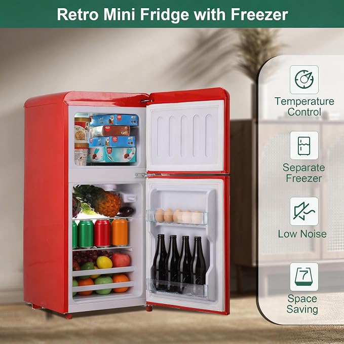 Retro Fridge with Freezer, 3.5 Cu. Ft. Mini Fridge Red | Small Refrigerator with 7-Level Adjustable Thermostat, Retro Compact Refrigerator 2-Door Fridges for Apartment/Dorm/Office/RV
