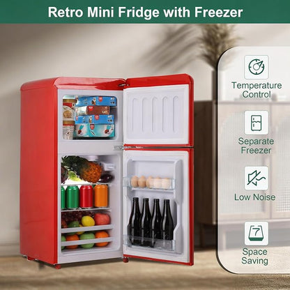 Retro Fridge with Freezer, 3.5 Cu. Ft. Mini Fridge Red | Small Refrigerator with 7-Level Adjustable Thermostat, Retro Compact Refrigerator 2-Door Fridges for Apartment/Dorm/Office/RV