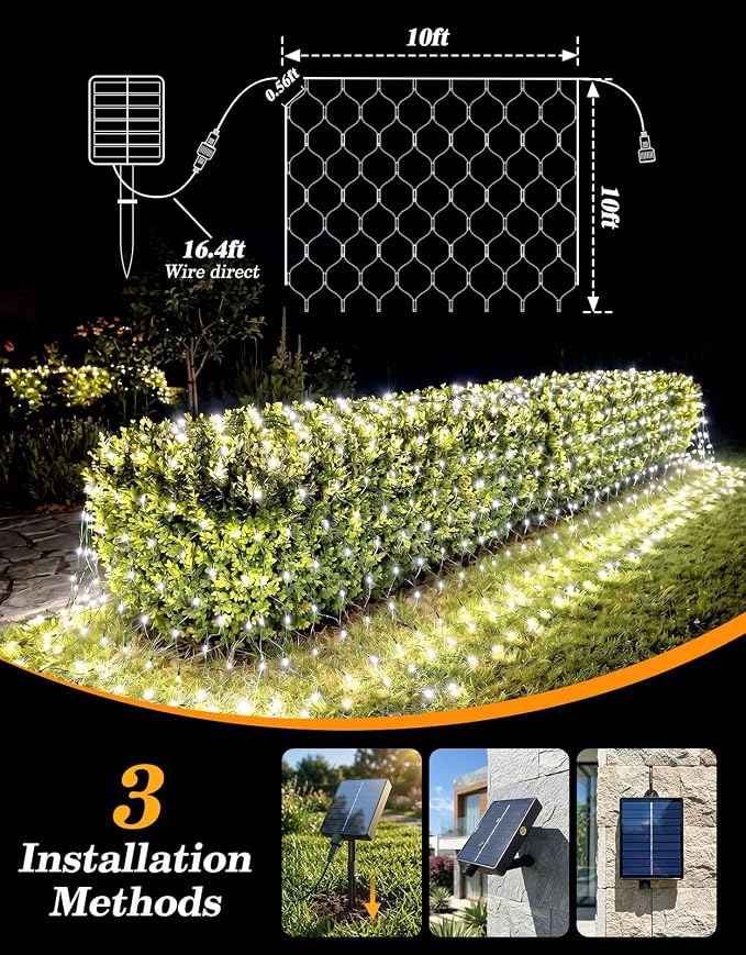 10x10FT Solar Christmas Net Lights Outdoor Waterproof with Remote | 240LED 8 Modes Solar & USB Powered Mesh Lights with Green Wire for Gazebo, Bush, Garden Shrubs, Lawn, Patio Decor, Cool White