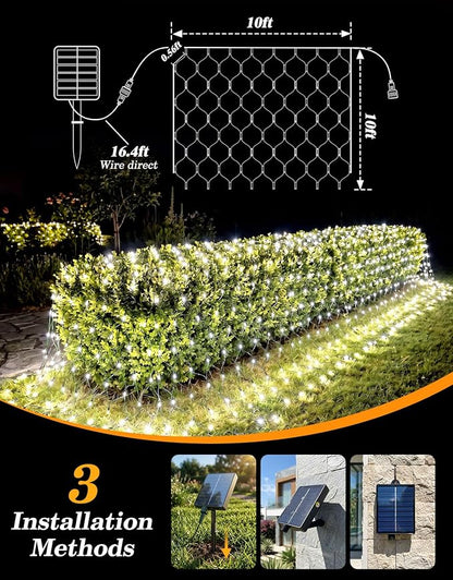 10x10FT Solar Christmas Net Lights Outdoor Waterproof with Remote | 240LED 8 Modes Solar & USB Powered Mesh Lights with Green Wire for Gazebo, Bush, Garden Shrubs, Lawn, Patio Decor, Cool White