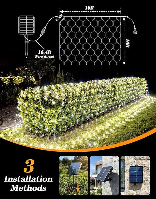 10x10FT Solar Christmas Net Lights Outdoor Waterproof with Remote | 240LED 8 Modes Solar & USB Powered Mesh Lights with Green Wire for Gazebo, Bush, Garden Shrubs, Lawn, Patio Decor, Cool White