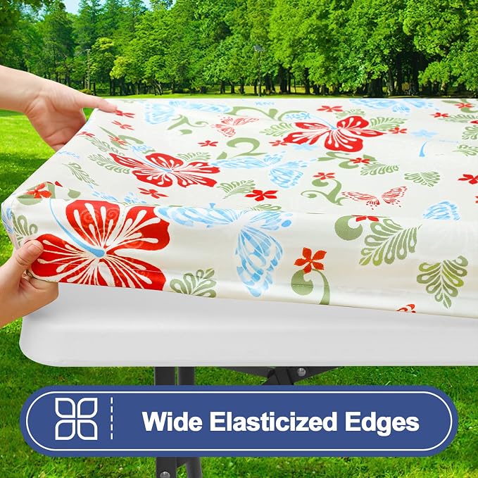 Smiry Picnic Table Cover with Bench Covers, Waterproof Elastic Fitted Tablecloth for 6 Foot Tables, Washable Polyester Tablecloths for Camping, Indoor & Outdoor (Butterfly, 30x72 Inch 3-pc Set)
