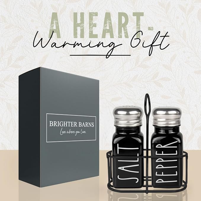 Black Salt and Pepper Shakers Set with Holder by Brighter Barns - Cute Salt Shaker with Caddy - Farmhouse Kitchen Decor for Dining Table Centerpiece, Gothic or Halloween Home Decor, Restaurant (Black)
