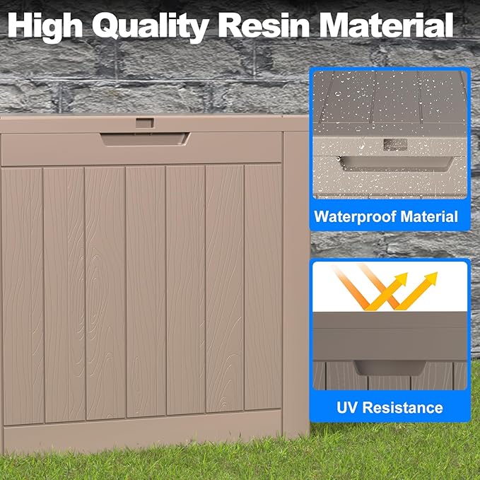 PatioZen 35 Gallon Deck Box Outdoor, Weatherproof Resin Patio Storage Box, Waterproof Outdoor Storage Boxes with Lid Lockable for Cushions, Garden Tools,Grey