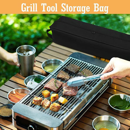 Grill Accessory Storage Bag, Tool Storage for Outdoor Grilling Utensil Holder with Inner Mesh Pockets and Magic Tape, Black Hardware BBQ Tools Storage Container for Camping Hiking Barbecue