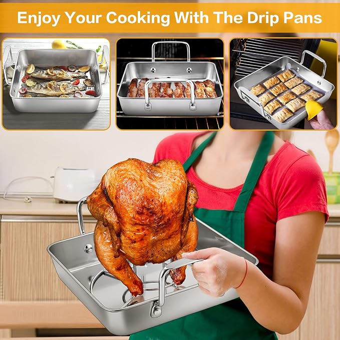 HaSteeL Beer Can Chicken Holder 3Pcs, Includes Stainless Steel Vertical Chicken Roaster Stand Rack, Heavy Duty Roasting Drip Pan & Silicone Oil Brush, Great for Smoker Grill Oven BBQ, Dishwasher Safe