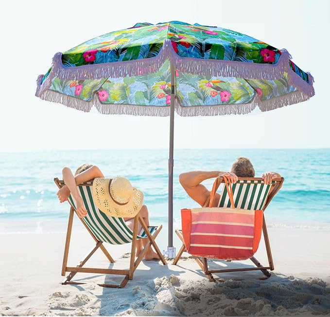 AMMSUN 6.5ft Tropical Fringe Beach Umbrella with Sand Anchor,Tilt,Air Vent | Heavy Duty High Wind Sun Shade Umbrellas,UPF50+,Portable Carry Bag,Windproof,for Sand Patio Garden Pool Backyard Outdoors