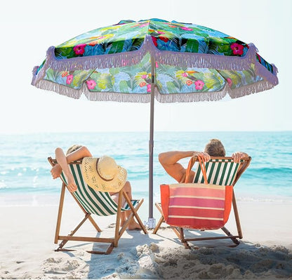 AMMSUN 6.5ft Tropical Fringe Beach Umbrella with Sand Anchor,Tilt,Air Vent | Heavy Duty High Wind Sun Shade Umbrellas,UPF50+,Portable Carry Bag,Windproof,for Sand Patio Garden Pool Backyard Outdoors