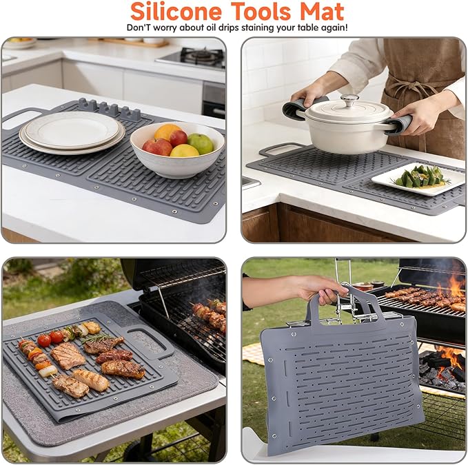 LIONROGE Large Silicone Grill Mat, Foldable Silicone Griddle Tools Spatula Mat with Drip Pad & Handle & Snap Buttons, Portable BBQ Side Shelf Mats Grill Pad for Blackstone Griddles Accessories,Gray