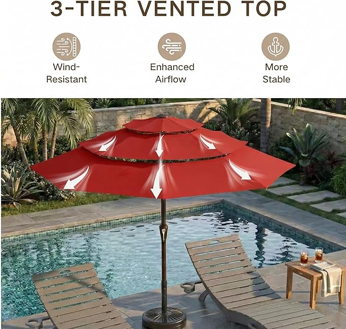 Kingdura 9ft 3-Tier Patio Umbrella, Outdoor Table Umbrella with Easy Crank & Tilt, 8 Reinforced Ribs, UV Protection for Deck, Pool, Market, Backyard (Red)
