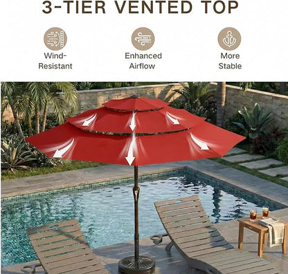 Kingdura 9ft 3-Tier Patio Umbrella, Outdoor Table Umbrella with Easy Crank & Tilt, 8 Reinforced Ribs, UV Protection for Deck, Pool, Market, Backyard (Red)