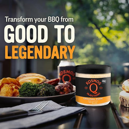 Kosmos Q Original BBQ Pork Injection, Meat Marinade for Pulled Pork, Chops, Ribs, Tenderloin & Brisket, Enhance Flavor & Juiciness, Award-Winning BBQ Seasoning for Moist & Tender Barbecue, 16 Oz Jar
