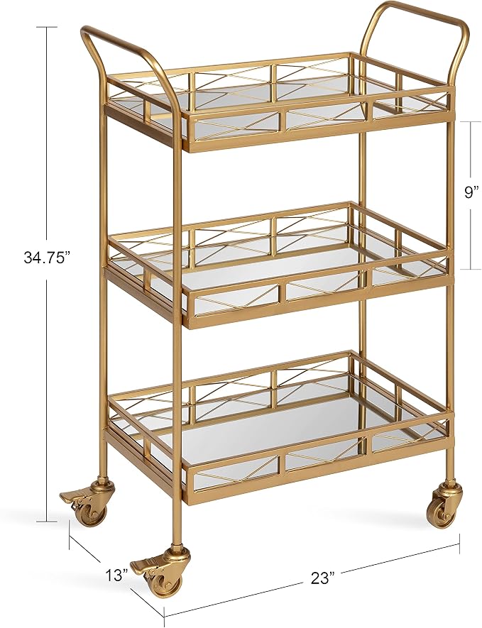 Kate and Laurel Ketia Glam Metal Bar Cart; 23 x 13 x 34; Gold; Glamorous Three Tier Gold Bar Cart for Display and Storage