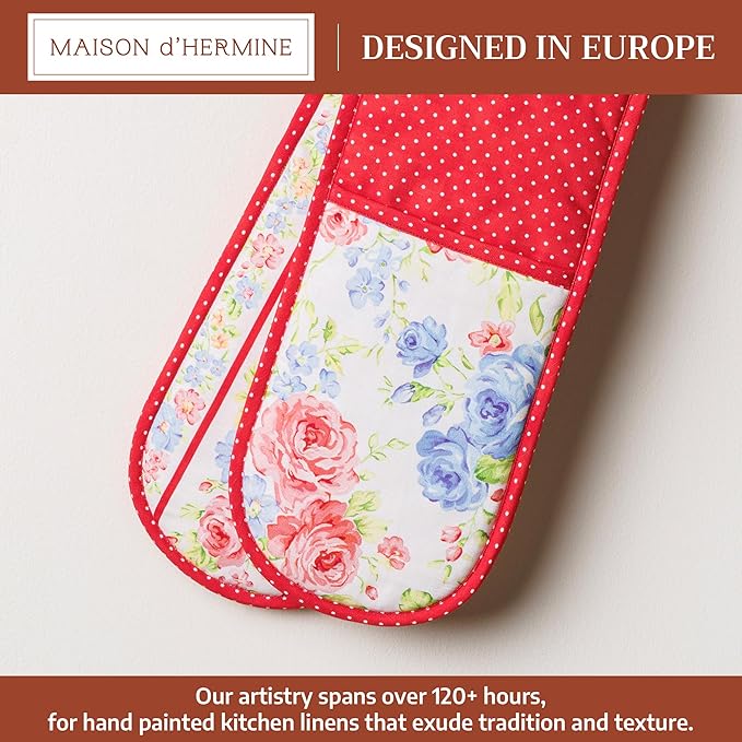 Maison d' Hermine Double Oven Mitts 100% Cotton 7"x35" Double Oven Mitt Heat Resistant BBQ Cooking Gloves with Loop Baking Grilling Kitchen Hotel Home Farmhouse Spring Summer (Vintage Floral)