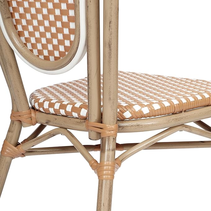 Flash Furniture Lourdes Indoor/Outdoor Commercial Thonet Bistro Stack Chair - Natural/White PE Rattan Back and Seat - Light Natural Bamboo Print Metal Frame