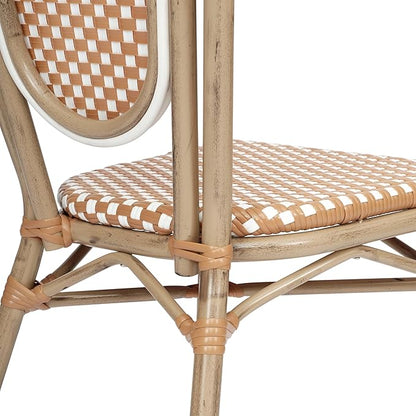 Flash Furniture Lourdes Indoor/Outdoor Commercial Thonet Bistro Stack Chair - Natural/White PE Rattan Back and Seat - Light Natural Bamboo Print Metal Frame