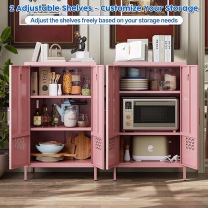 Metal Storage Cabinet with Vented Doors, Metal Sideboard Cabinet with 2 Adjustable Shelves, Freestanding Pink Accent Locker for Home,Dorm, Nursery,Assembly Required