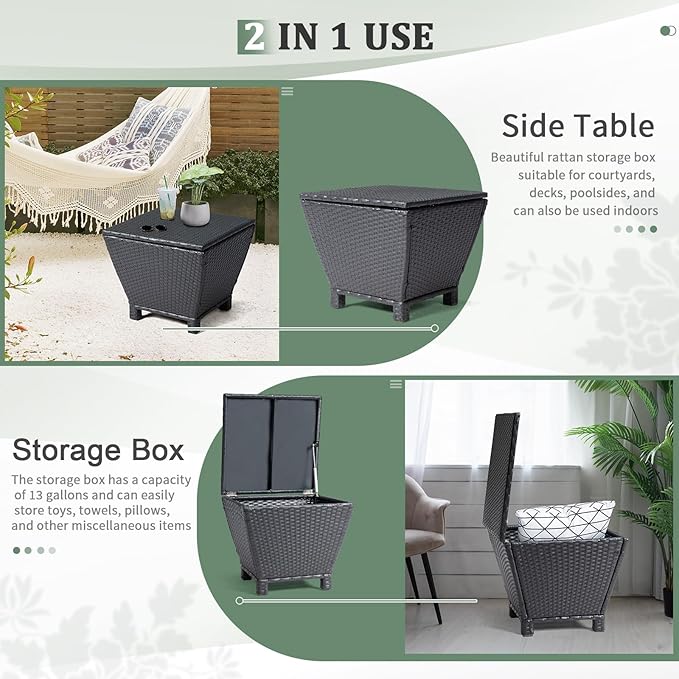 VINGLI 13 Gallon Outdoor Deck Box, Wicker Outdoor Storage Box with Lid, Small Storage Bin Container for Outside and Patio, Patio Rattan Side Table for Yard Porch (Black, Trapezoidal)