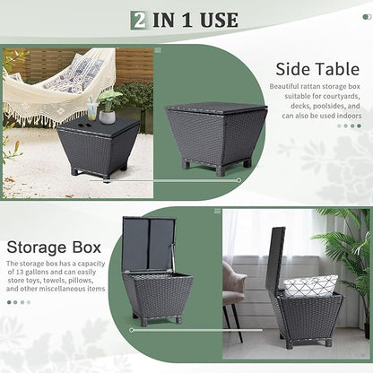 VINGLI 13 Gallon Outdoor Deck Box, Wicker Outdoor Storage Box with Lid, Small Storage Bin Container for Outside and Patio, Patio Rattan Side Table for Yard Porch (Black, Trapezoidal)
