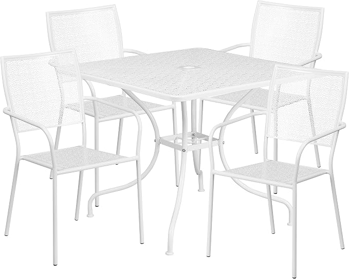 Flash Furniture Oia Commercial Grade 35.5" Square White Indoor-Outdoor Steel Patio Table Set with 4 Square Back Chairs