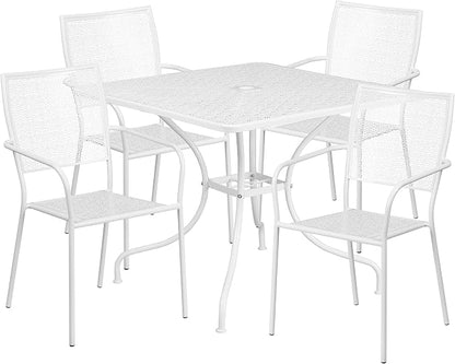 Flash Furniture Oia Commercial Grade 35.5" Square White Indoor-Outdoor Steel Patio Table Set with 4 Square Back Chairs