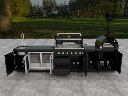 147" Outdoor Kitchen Island,Natural Gas Grill with Pizza Oven,120,000 BTU. | Stainless Steel Rotisserie,Double Door Refrigerator,Sink,Granite Countertop,Storage Cabinets & Drawers.Sleek Black Finish