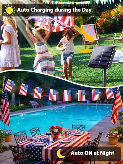 4th of July Decorations 2 Pack 100 LED Solar American Flag Lights Outdoor | 50 USA Flags, 8 Modes, Memory Function, Auto On/Off, 37.6FT Waterproof String Lights for 250th Anniversary Patriotic Decor