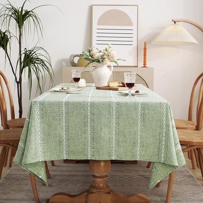 Chassic Rectangle Tablecloth 60 x 84 Inch, Farmhouse Boho Linen Table Cloths, Wrinkle Free & Washable Tablecloths for Dining Tables, Spring Kitchen Decor – Hemstitch Sage Green