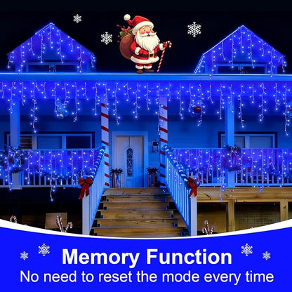 QITONG Blue Icicle Lights for Outside, 33ft 400 LED String Lights Plug in with 8 Modes, Clear Wire Connectable Icicle Christmas Light Indoor