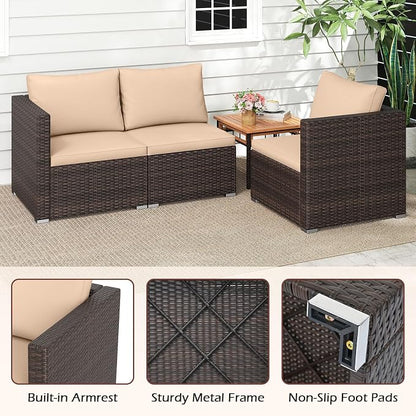 Tangkula 3 Seat Outdoor Wicker Sofa Set, Modular PE Rattan Patio Cushioned Sectional Couch Set, Outside Furniture Set for Deck, Backyard, Porch, Garden & Poolside (Brown-Beige)