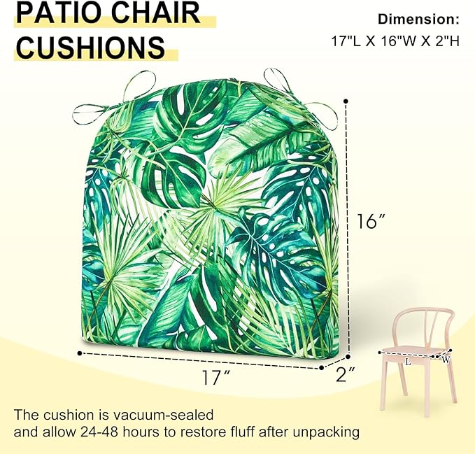 downluxe Outdoor Chair Cushions Set of 4 for Patio Furniture, Water-Resistant Patio Chair Cushions with Ties, High Density Foam Outdoor Seat Cushion, 17" X 16" X 2", Palm Leaves