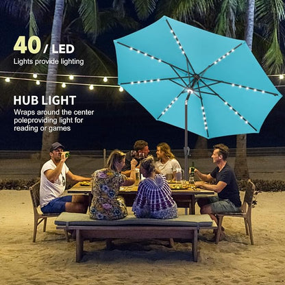 Solar Patio Umbrella with Centre Light, 9 ft Aqua Blue | 40 LED Lights, UV Protection, Solar Outdoor Umbrella for Porch, Deck, Pool, Table, Garden, Provides Evening Lighting
