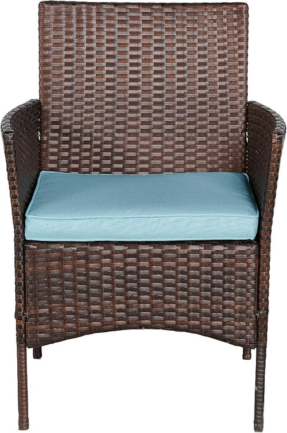 Outdoor Wicker Patio Conversation 3 Piece Bistro Set Garden Yard Porch Furniture Space Saving Rattan Two Chairs Cushions Side Storage Tempered Glass Table Brown 3pc Set