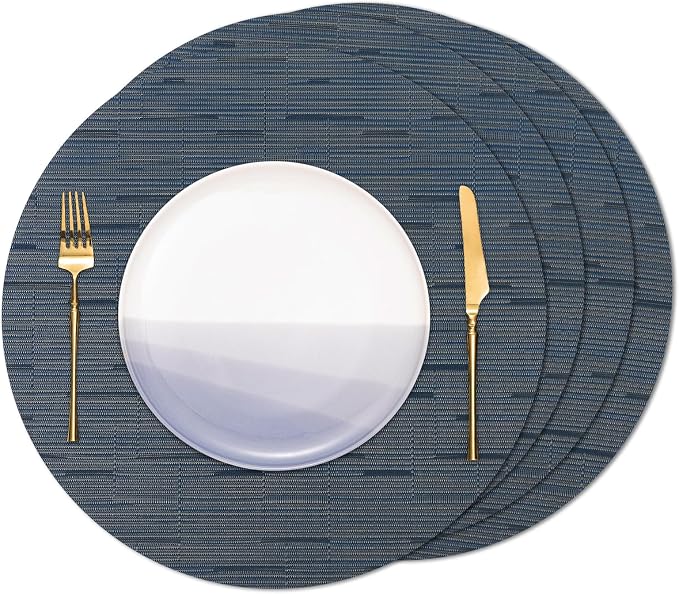 15 Inch Round Placemats Set of 4, Washable Vinyl Woven Place Mats | Heat Resistant Non-Slip Braided Table Mats for Dining Table Kitchen Indoor & Outdoor Use (Black Dark Blue, Set of 4)
