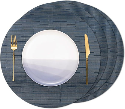 15 Inch Round Placemats Set of 4, Washable Vinyl Woven Place Mats | Heat Resistant Non-Slip Braided Table Mats for Dining Table Kitchen Indoor & Outdoor Use (Black Dark Blue, Set of 4)