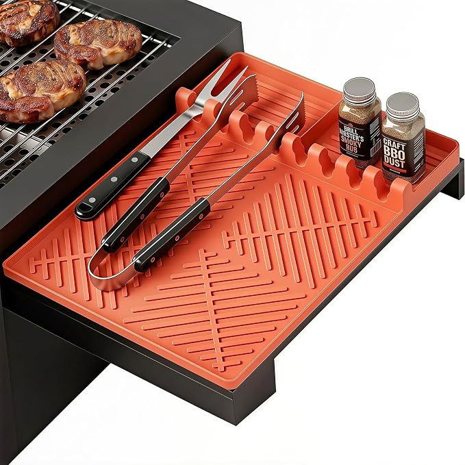 Silicone Grill Mat for Blackstone Griddle, 16x11.5 Extra-Thick Non-Slip Spatula Holder Mat with Grease Drip Pad, Heat Resistant BBQ Utensil Organizer for Side Shelf, Ideal Gifts for Men (Orange)