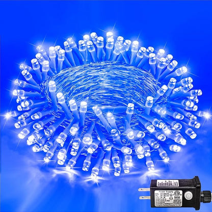 40FT 120 LED Outdoor String Lights, Blue Christmas String Lights Indoor | Waterproof 8 Modes Plug in Clear Wire Twinkle Fairy Lights for Bedroom Outside Patio Yard Xmas Party Holiday Decorations