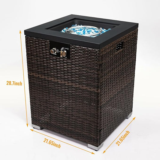 KEIKI 22 Inch Compact Gas Fire Pit, Square Wicker Fire Table with Steel Top, 50000 BTU Propane Fireplace for Outside Garden Deck