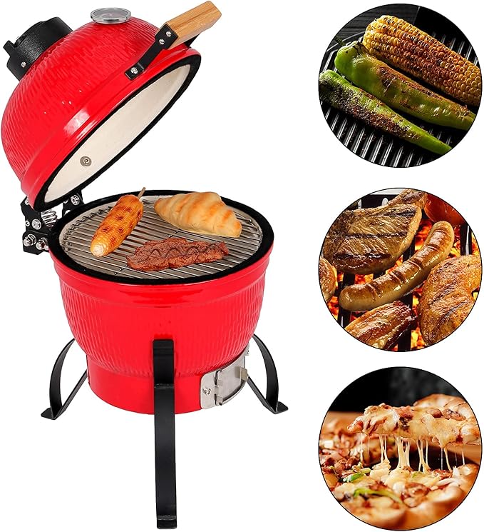HomVent 13 inch Kamado Grill, Multifunctional Ceramic Barbecue Grill, Portable BBQ Grill Charcoal Outdoor Smoker Grill for BBQ, Camping and Picnic (Red)