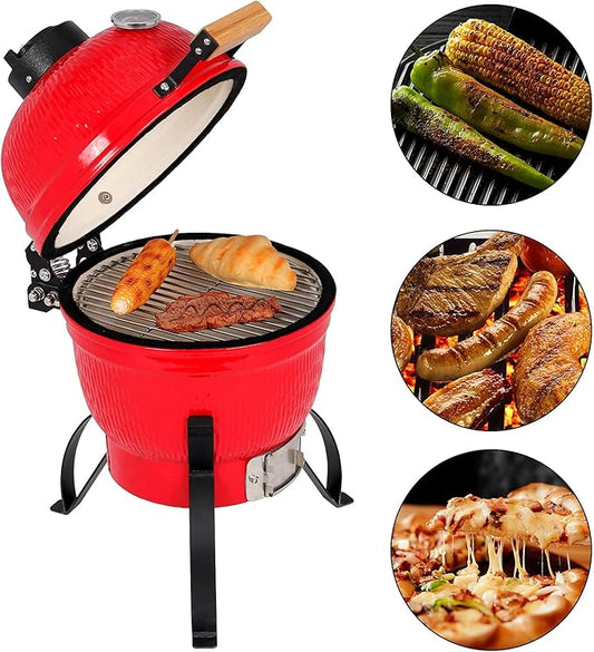 HomVent 13 inch Kamado Grill, Multifunctional Ceramic Barbecue Grill, Portable BBQ Grill Charcoal Outdoor Smoker Grill for BBQ, Camping and Picnic (Red)