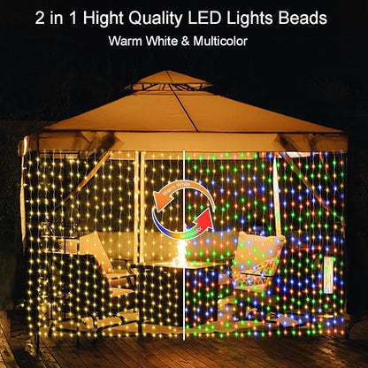 echosari 9.8Ft x 9.8Ft Curtain Lights Battery Operated 2 Color Changing | 300 LED Hanging Lights Warm White & Multicolor with Remote & Hooks, Outdoor Curtain Lights for Party Backdrop Patio Decor