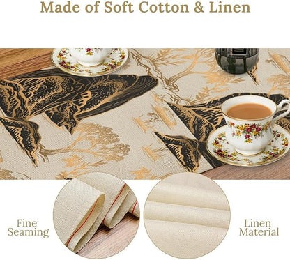 Japanese Table Runner Oriental Gold Pine Tree Vintage Asian Chinese Traditional Chinoiserie Mountains Dinner Runner for Home Kitchen Dining Table Holiday Party 13x120in