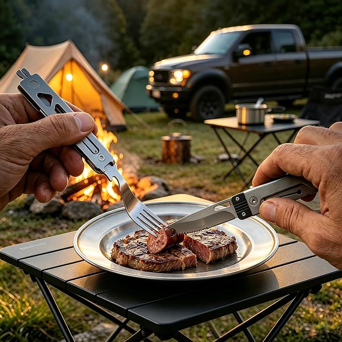 5 in 1 Detachable Camping Utensils Flatware Set, Multifunction Travel Pocket Cutlery Folding Spoon Fork Knife Grill Barbecue BBQ Tongs Bottle Opener, Portable Combo Set 420J2 Stainless Steel