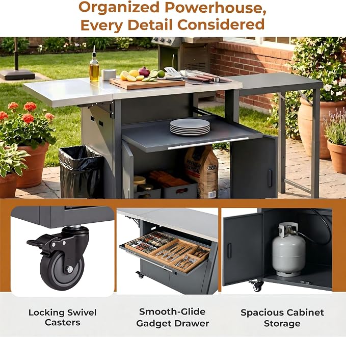 74” Outdoor Grill Table with Storage Cabinet & Folding, Metal | Stainless Steel Top Grill Cart for Kitchen with Universal Wheels, Kitchen Island Prep Table/Pizza Oven/Trash Rack, BBQ Patio