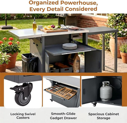 74” Outdoor Grill Table with Storage Cabinet & Folding, Metal | Stainless Steel Top Grill Cart for Kitchen with Universal Wheels, Kitchen Island Prep Table/Pizza Oven/Trash Rack, BBQ Patio