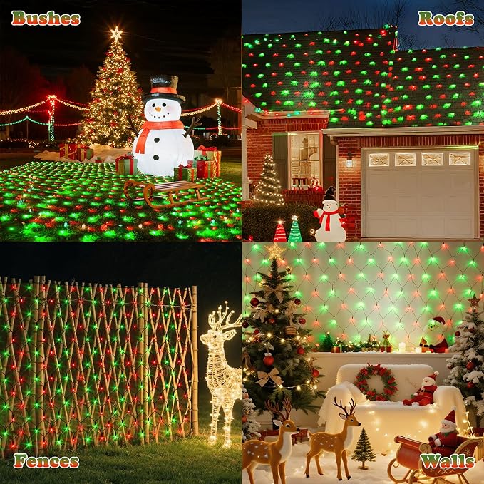 LitHome 14.8FT x 5FT Christmas Net Lights Outdoor Waterproof Connectable | 8 Modes 300 LED Red Green Bush Lights, Net Mesh Light Dark Green Wire for Bushes Shrubs Outdoor Christmas Holiday Decor