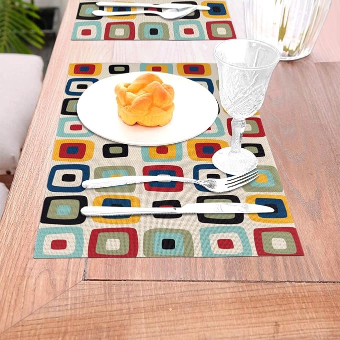 Mid Century Modern Retro Placemats Set of 4 Linen 12"x18" | Vintage Decorative Kitchen Table Mats for Dining Outdoor Holiday Party Farmhouse Home Decor Washable Place Mats