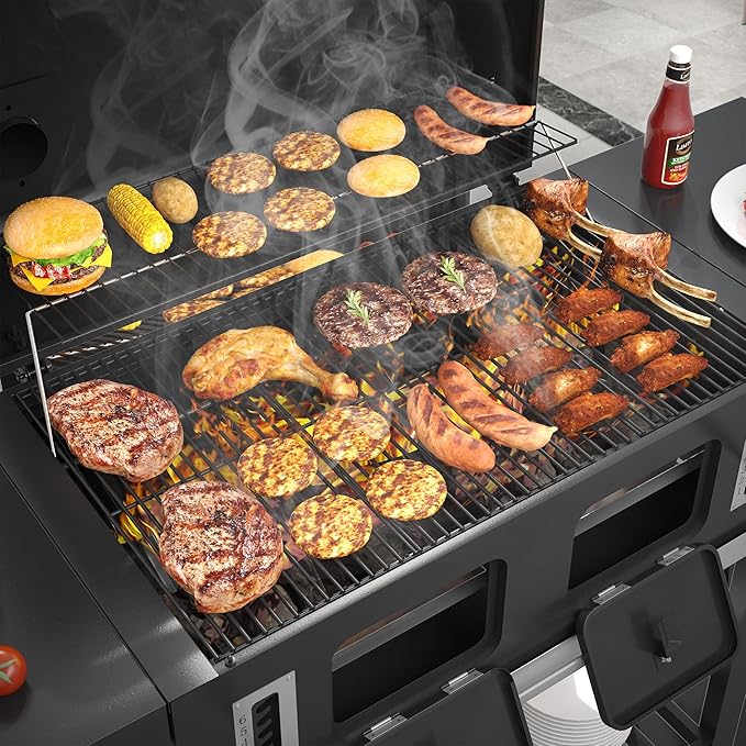 VICLLAX Extra-Large Premium Charcoal Grill - Smoker Grill with 600 sq in Cooking Space, Dual Adjustable Trays & Foldable Side Tables, Enamel-Coated Grills for Professional BBQ Experience
