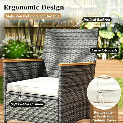 COSTWAY 9-Piece Patio Dining Set for 8, Outdoor Rattan Wicker Table and Chairs Furniture Set with Umbrella Hole, Acacia Wood Tabletop for Backyard, Balcony, Poolside, Grey & White